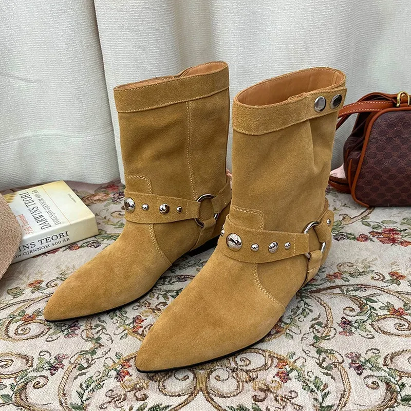 Vintage Suede Leather Boots For Women Western Boots With Rivet Design