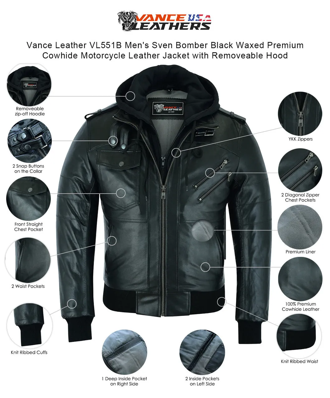 VL551B Vance Leathers' Men's Sven Bomber Black Waxed Premium Cowhide Motorcycle Leather Jacket with Removeable Hood