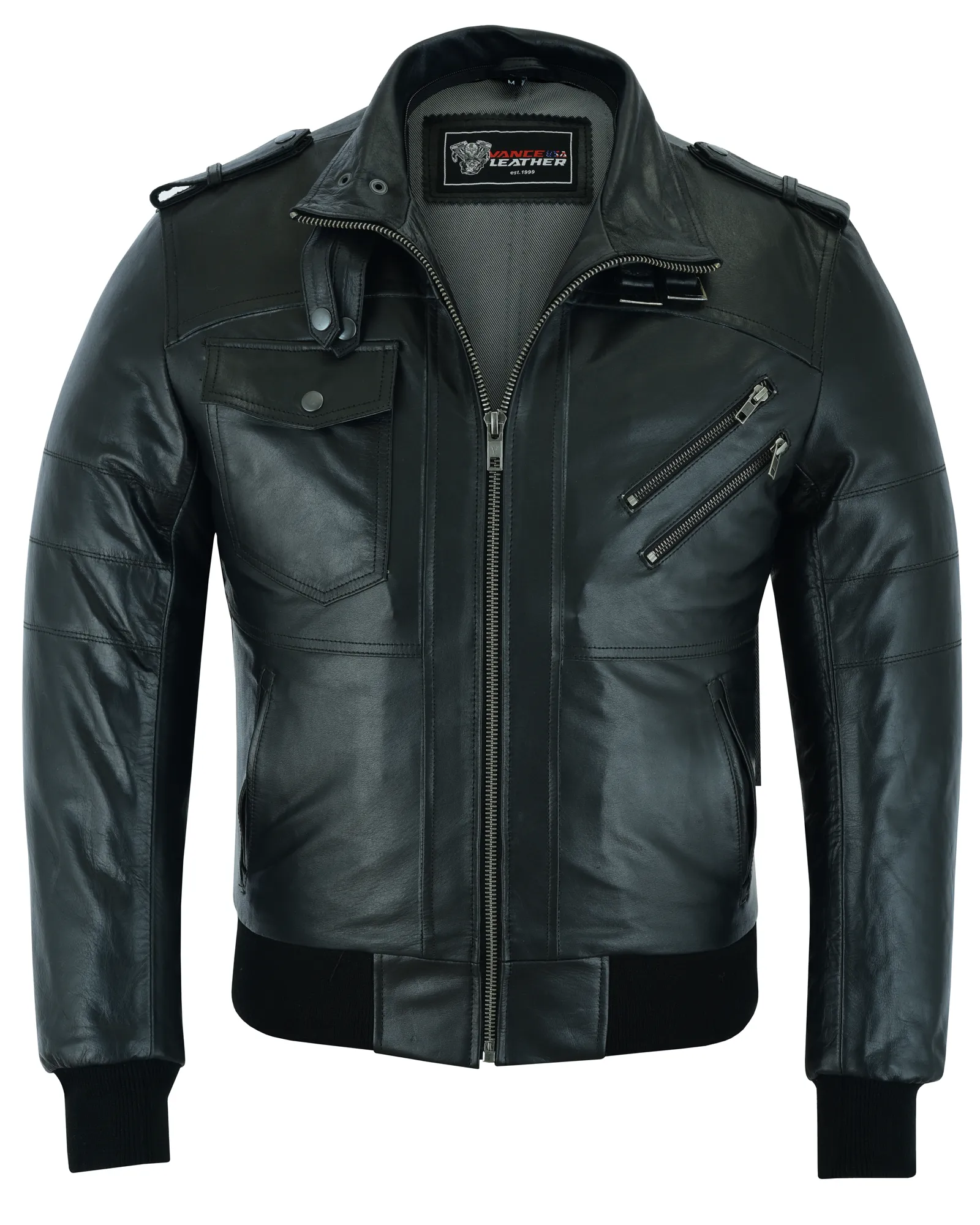 VL551B Vance Leathers' Men's Sven Bomber Black Waxed Premium Cowhide Motorcycle Leather Jacket with Removeable Hood