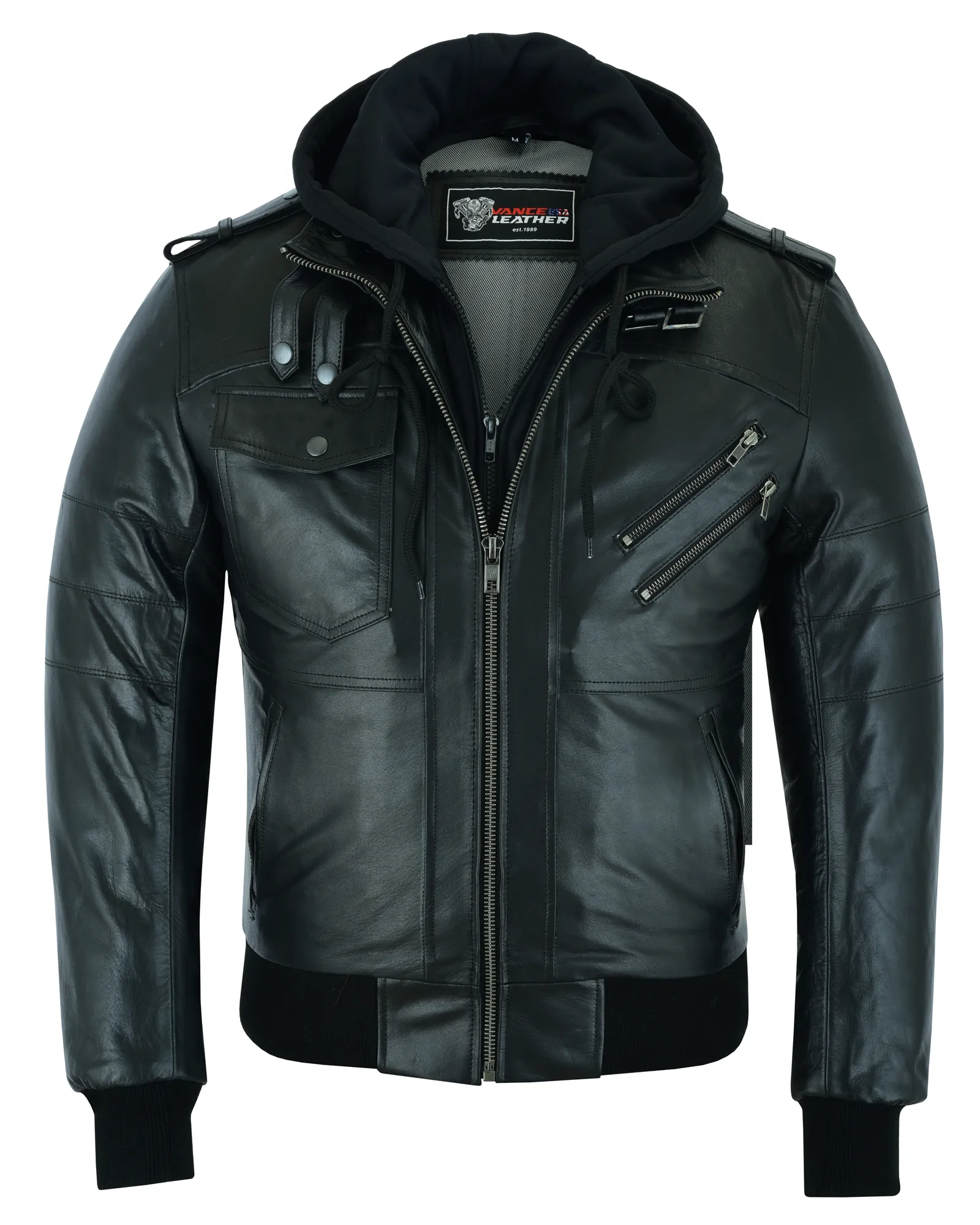 VL551B Vance Leathers' Men's Sven Bomber Black Waxed Premium Cowhide Motorcycle Leather Jacket with Removeable Hood