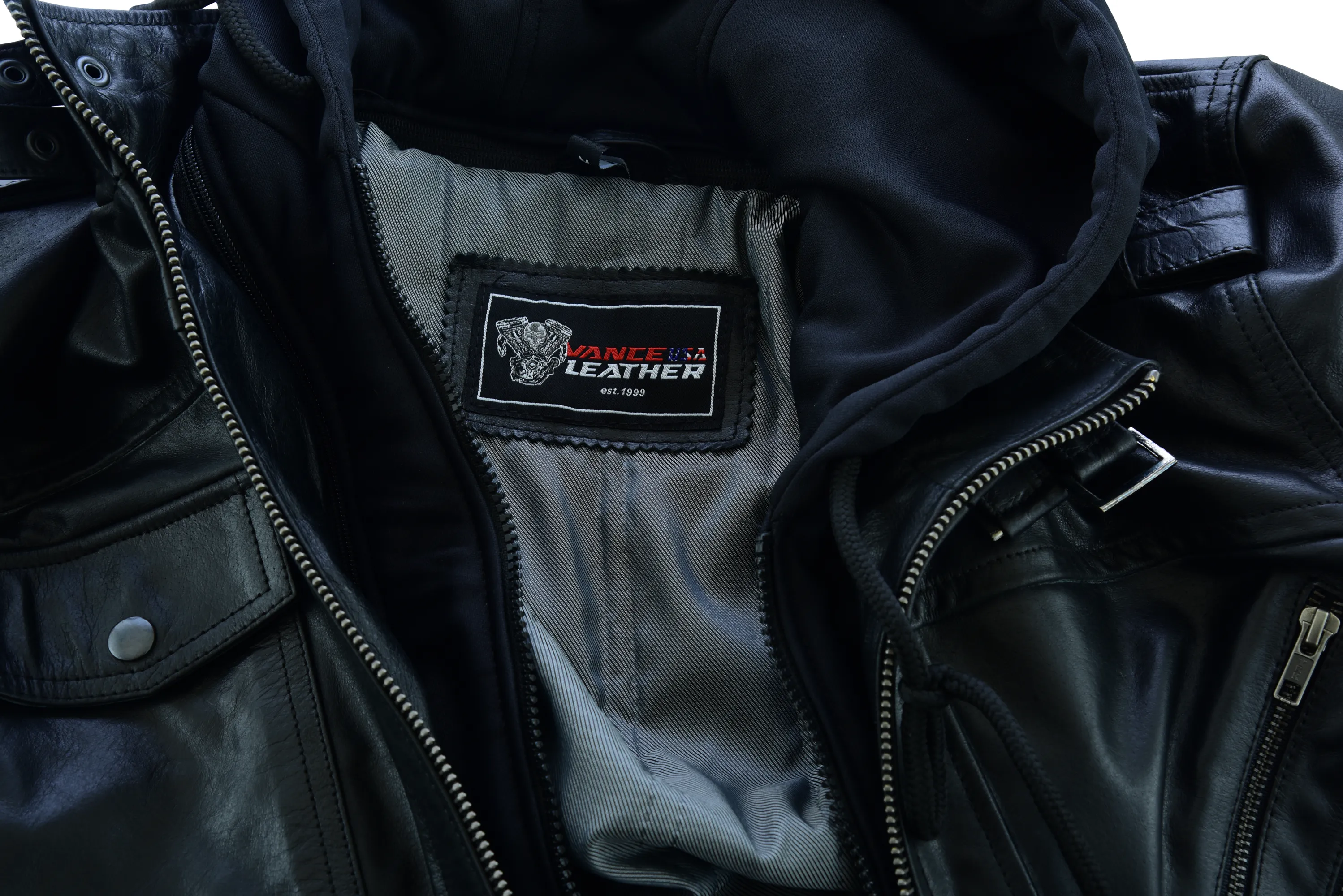 VL551B Vance Leathers' Men's Sven Bomber Black Waxed Premium Cowhide Motorcycle Leather Jacket with Removeable Hood