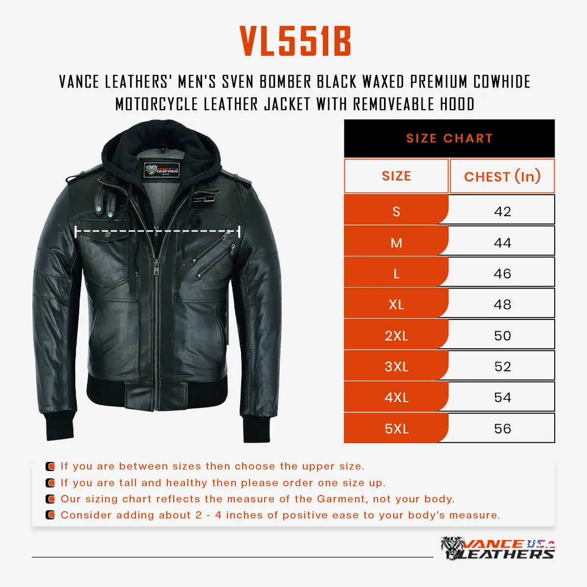 VL551B Vance Leathers' Men's Sven Bomber Black Waxed Premium Cowhide Motorcycle Leather Jacket with Removeable Hood