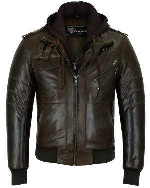 VL551CBr Vance Leathers' Mens Vincent Brown Waxed Premium Cowhide Motorcycle Leather Jacket With Removeable Hoodie