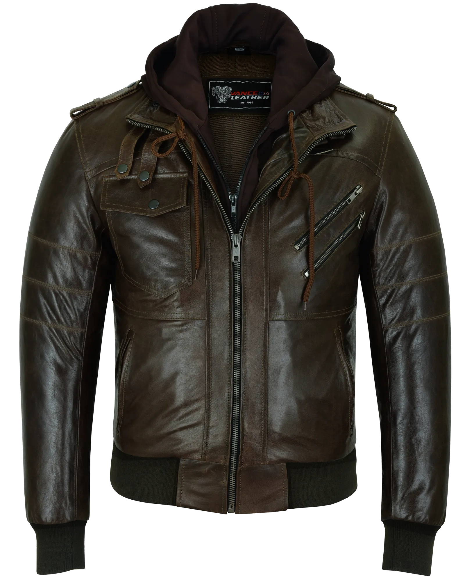 VL551CBr Vance Leathers' Mens Vincent Brown Waxed Premium Cowhide Motorcycle Leather Jacket With Removeable Hoodie