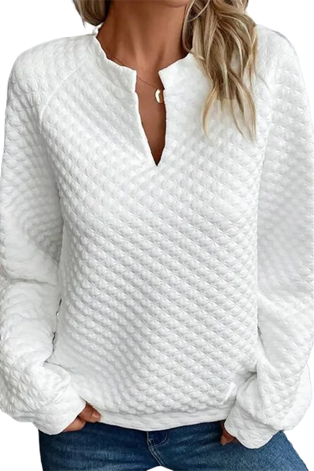 White Quilted V-Neck Solid Color Long Sleeve Top