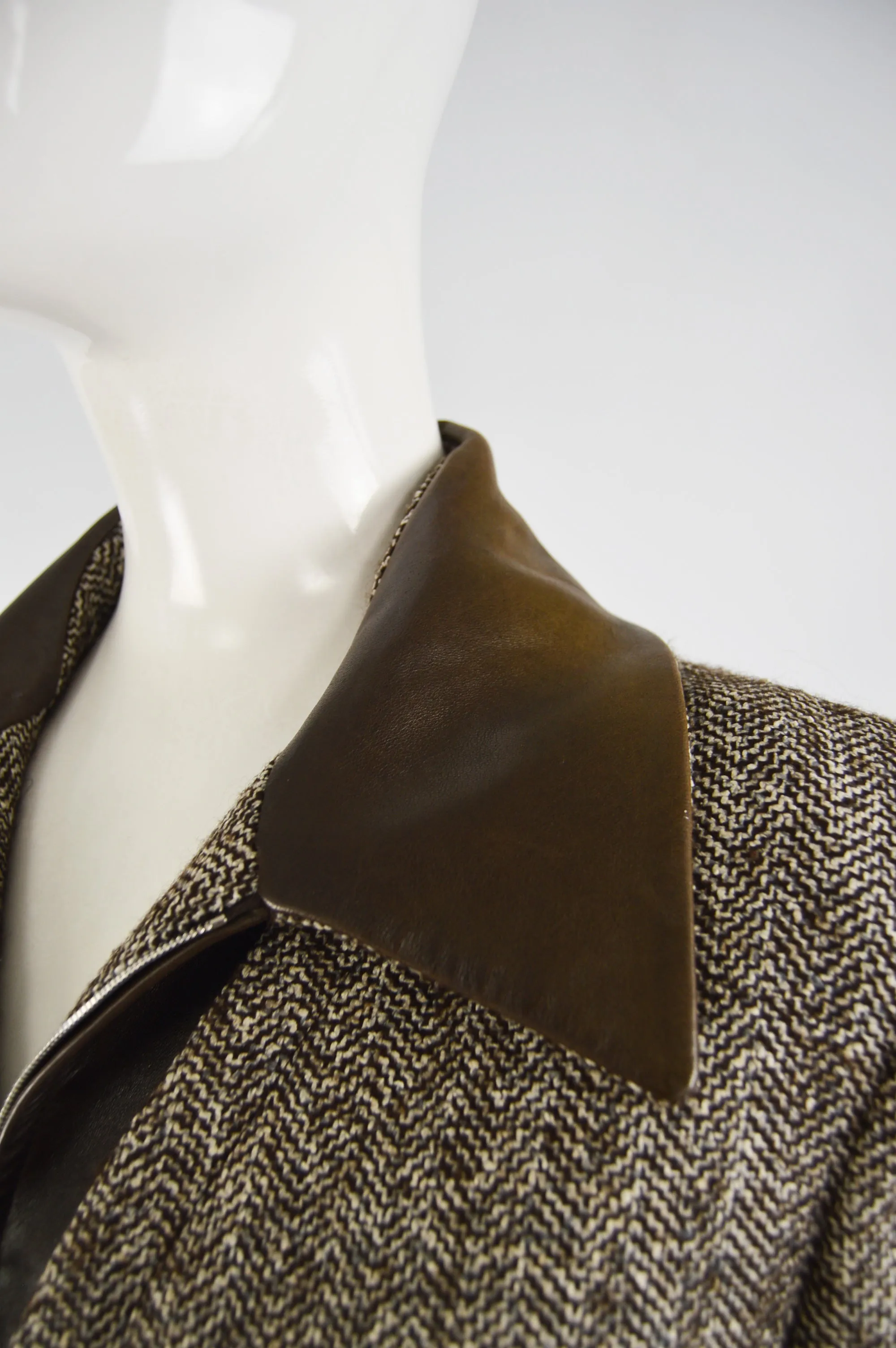 Womens Brown Leather & Silk Tweed Jacket, 1990s