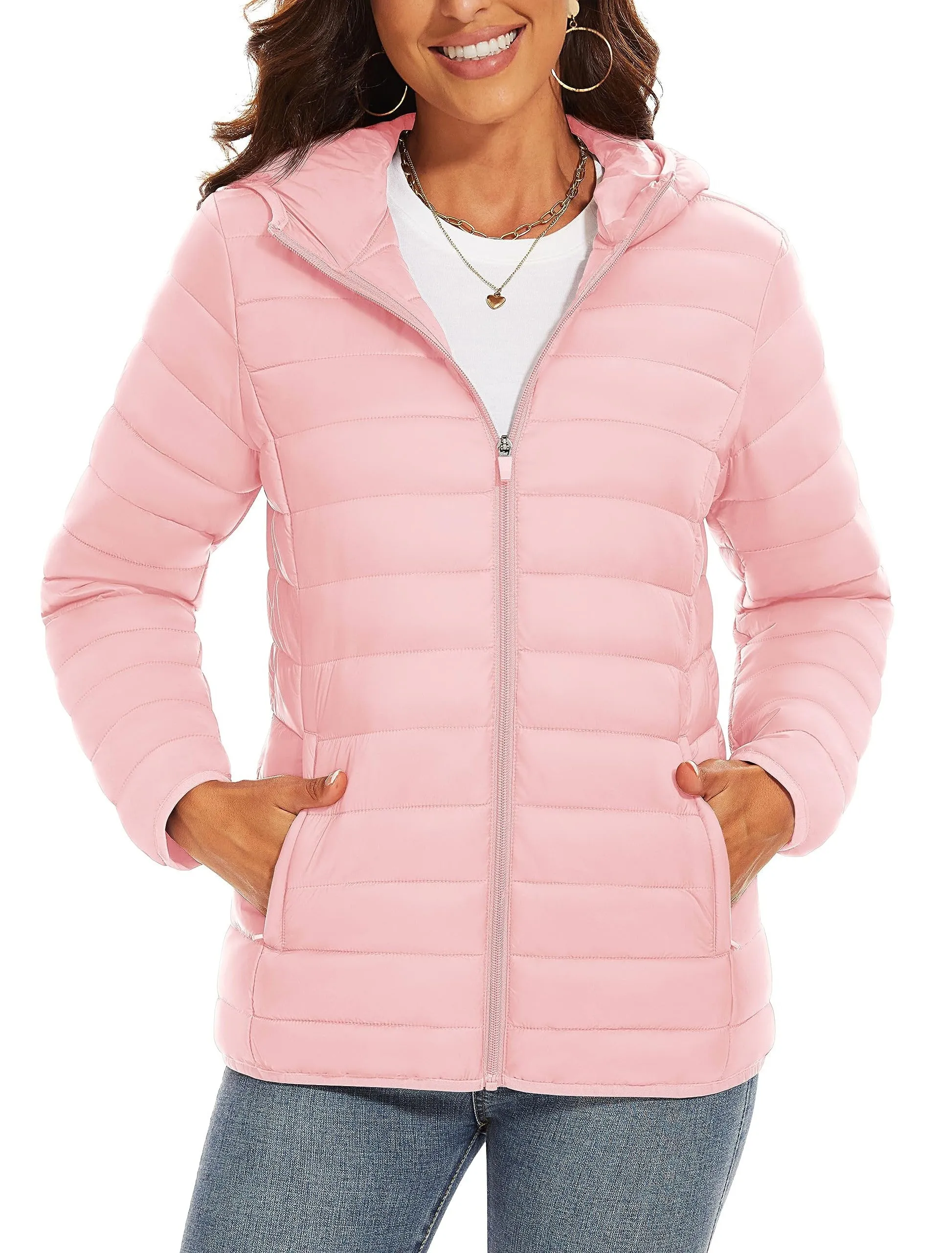 Women's Large Size Puffer Jacket Lightweight Soft Comfy Fall And Winter Warm Coat Full Zip Hooded Light Colors Jacket 2 Pocket Elastic Cuffs Daily Casual Wear Outdoor Activities Multi-occasion Fashion Casual Jacket