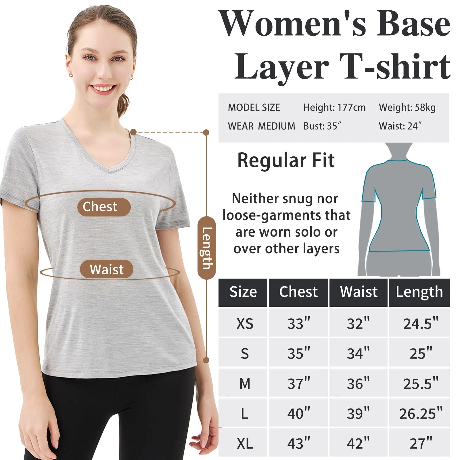 Women’s Merino 170g V-Neck  Short Sleeve T-Shirt  Light Grey