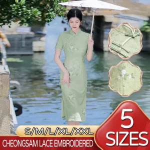 Women's Pastel Green Lace Modern Cheongsam Dress