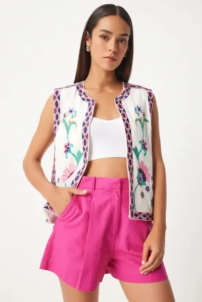 Women's Pink White Embroidered Detailed Linen Vest