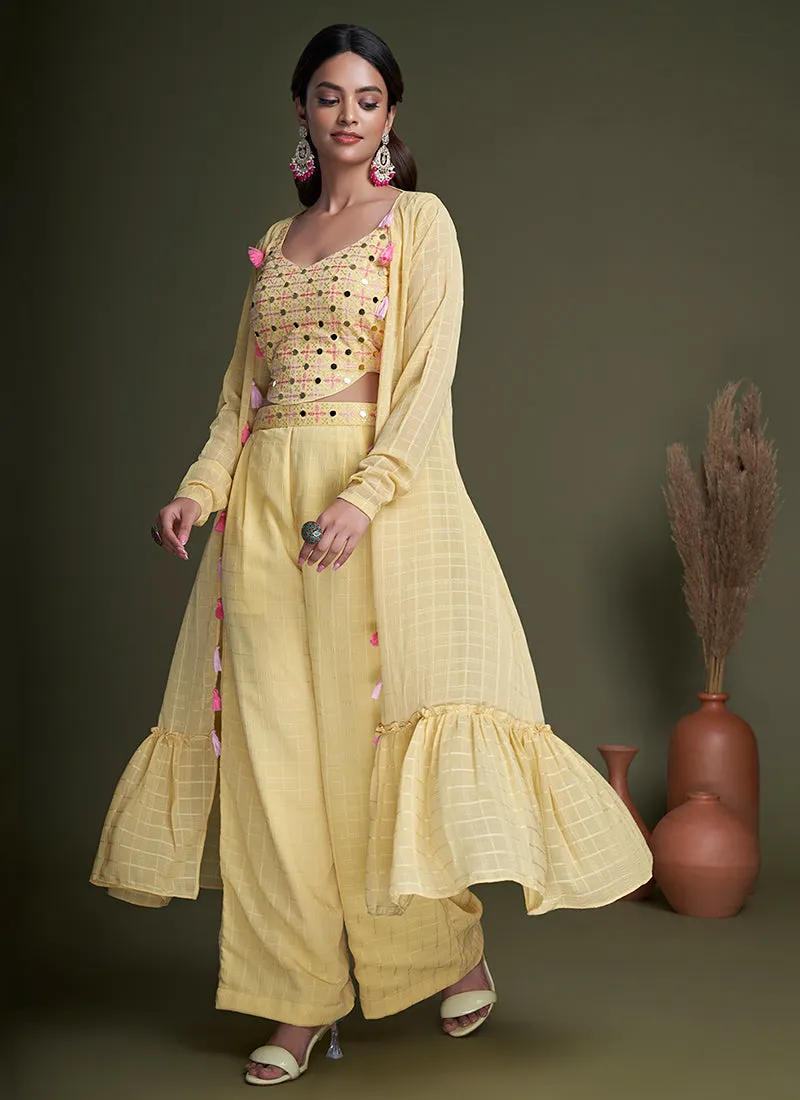 Yellow Embroidery Cape Style Co-Ord Palazzo Set