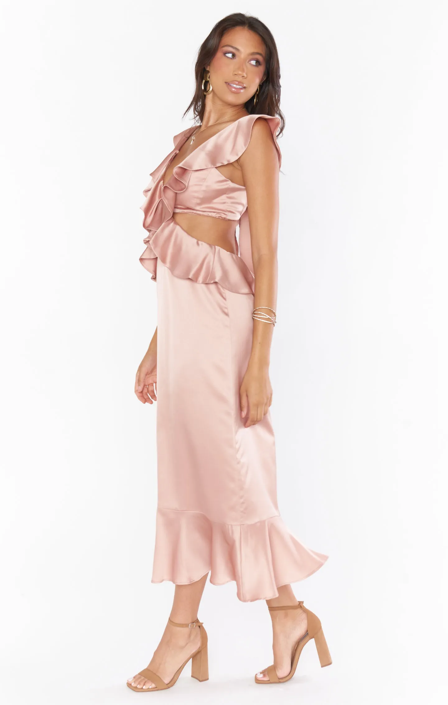 Zoey Midi Dress ~ Rose Gold Luxe Satin