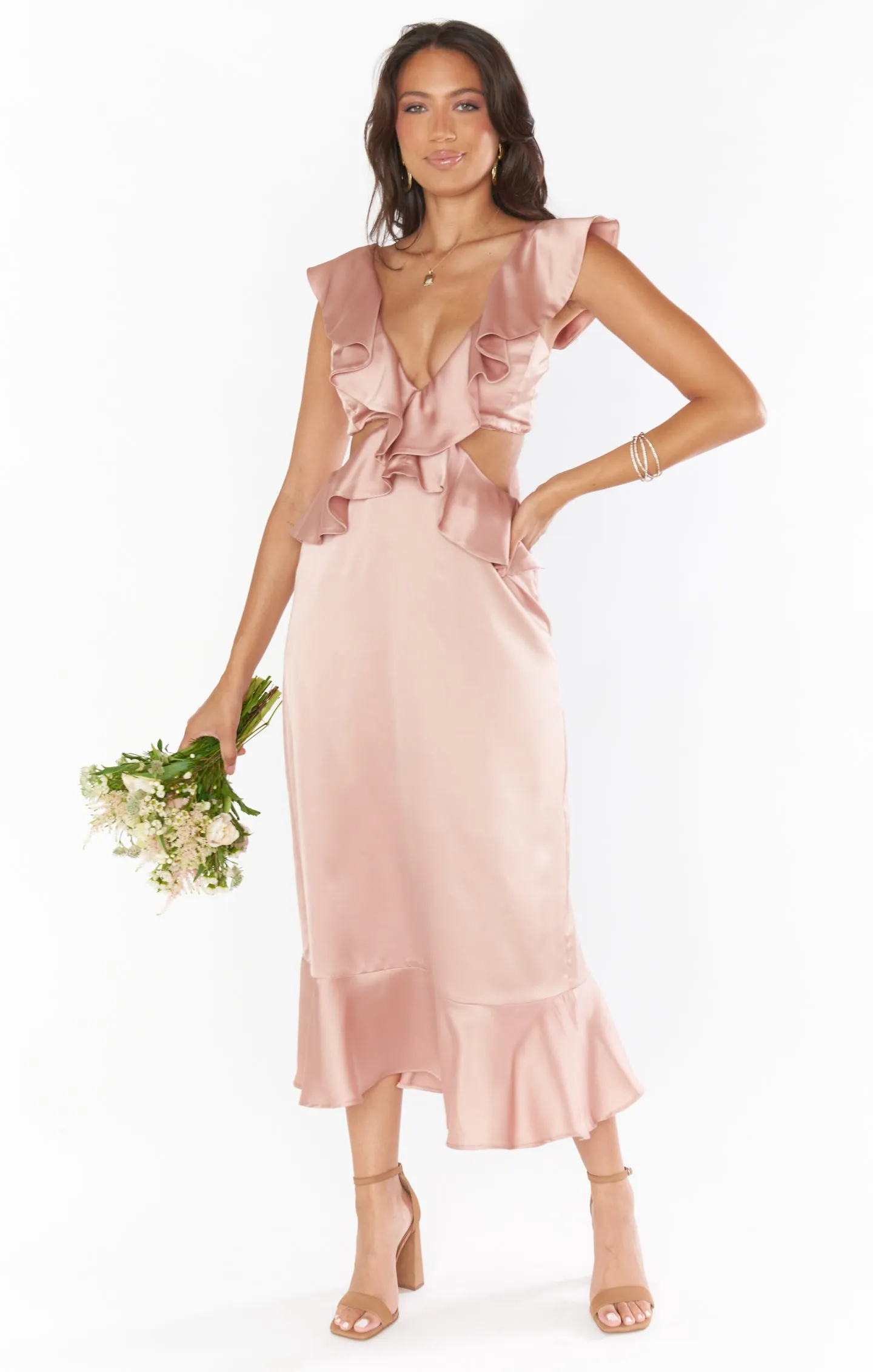 Zoey Midi Dress ~ Rose Gold Luxe Satin